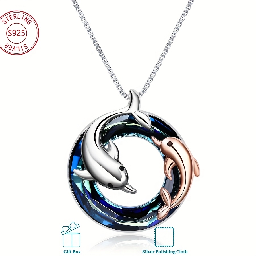 Dolphin Necklace with Blue Crystals, Gift for Sisters